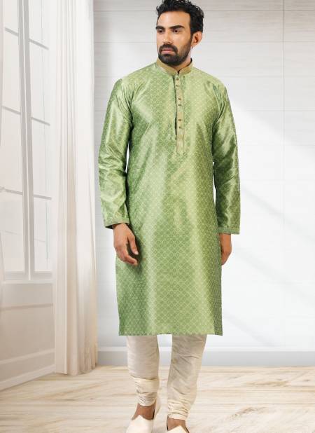 Pista Green Colour Colour New Design Jacquard Silk Brocade Festive Wear Latest Kurta Pajama Mens Collection 1219-1007